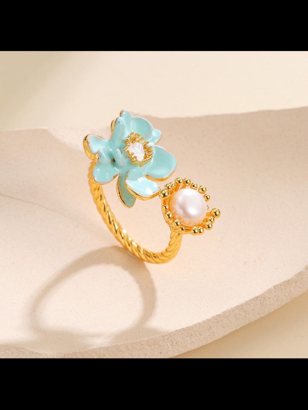 Gold Ring with Aqua Enamel Flower and Pearl Accent - Women's Jewelry